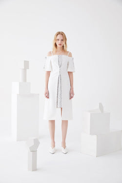 Lace Paneled Dress with Detailed Button - BLANCORE