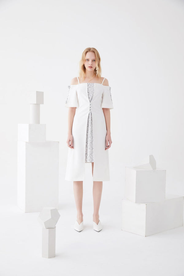 Lace Paneled Dress with Detailed Button - BLANCORE