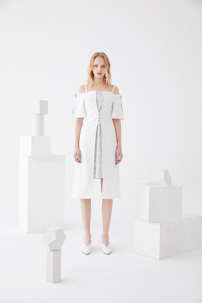 Lace Paneled Dress with Detailed Button - BLANCORE