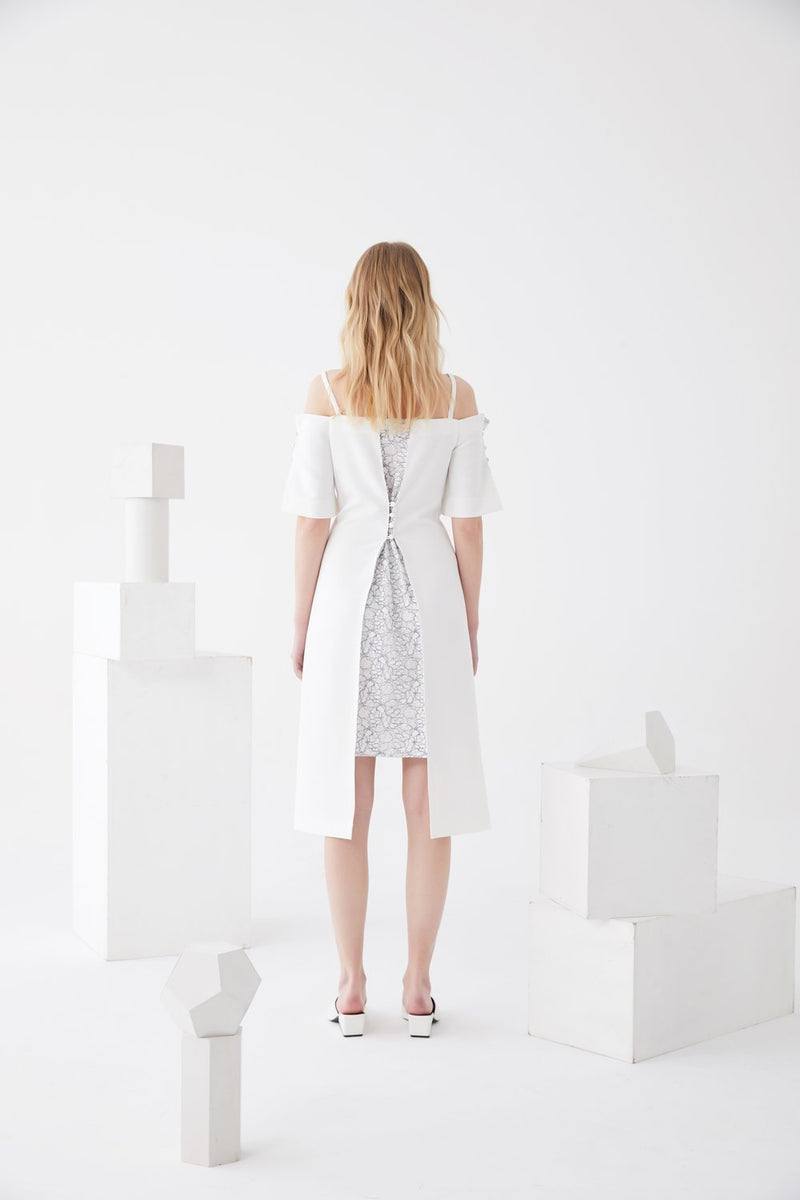 Lace Paneled Dress with Detailed Button - BLANCORE