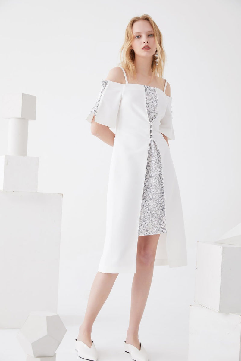 Lace Paneled Dress with Detailed Button - BLANCORE