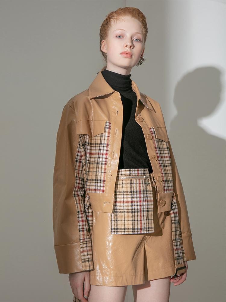 Leather Panel Plaid Jacket - BLANCORE