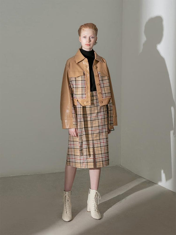 Leather Panel Plaid Jacket - BLANCORE