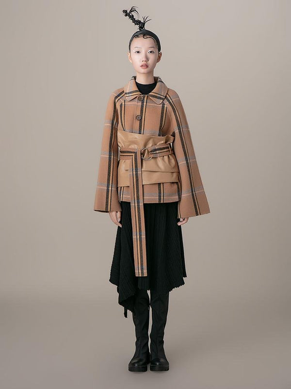 Leather Panel Plaid Jacket With “Corset” Belt - BLANCORE