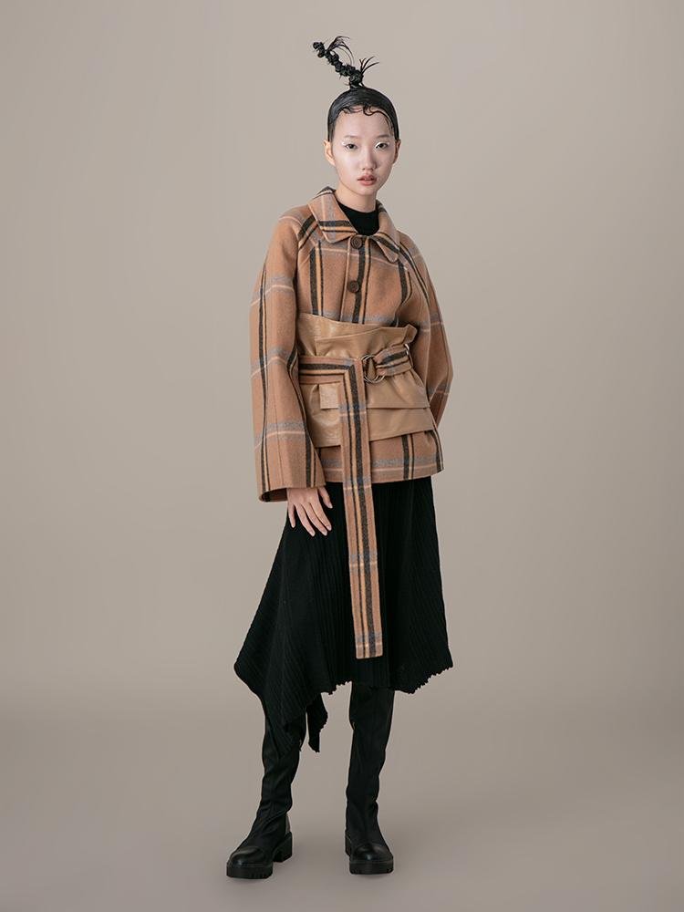 Leather Panel Plaid Jacket With “Corset” Belt - BLANCORE
