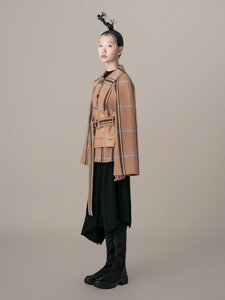 Leather Panel Plaid Jacket With “Corset” Belt - BLANCORE