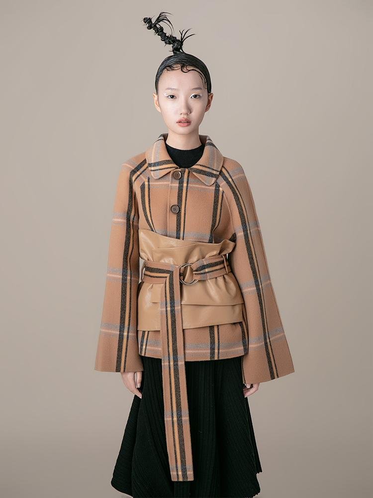 Leather Panel Plaid Jacket With “Corset” Belt - BLANCORE