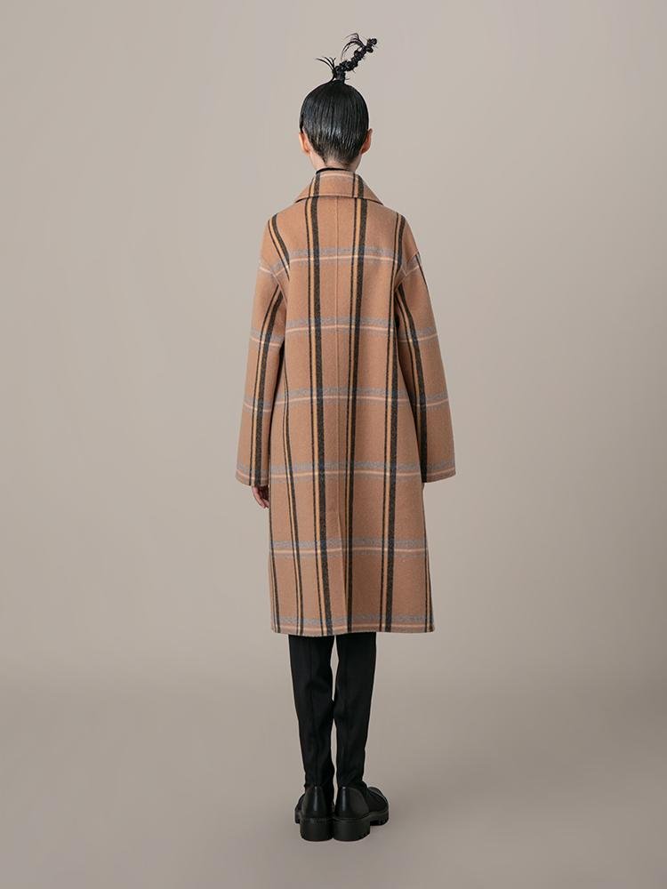 Leather Panel Plaid Wool Coat - BLANCORE