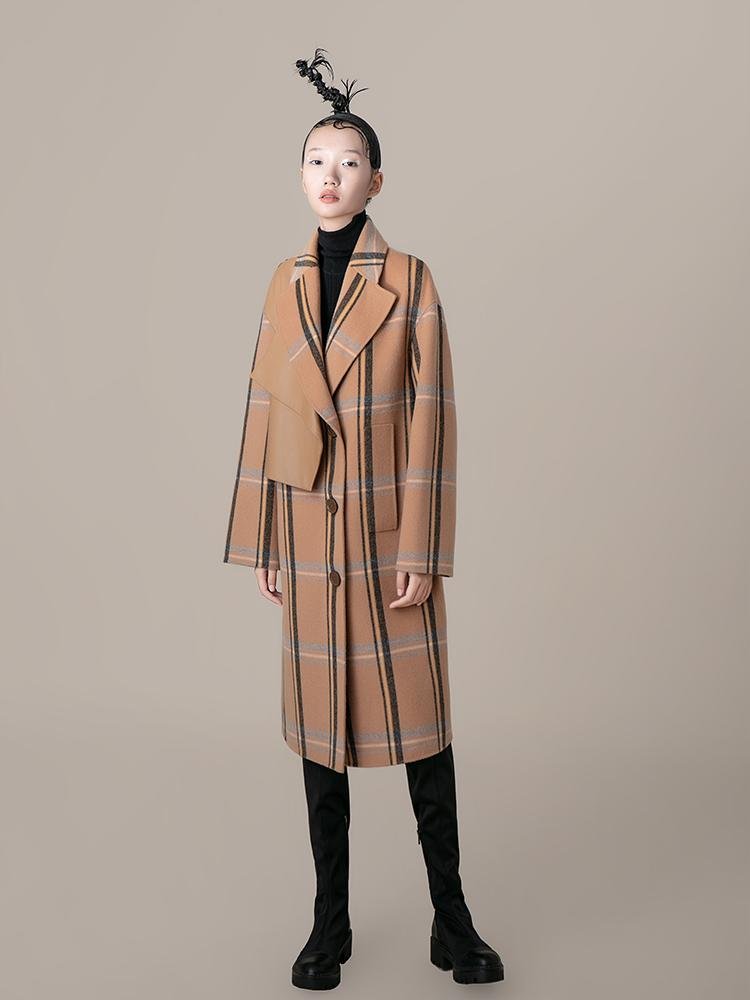 Leather Panel Plaid Wool Coat - BLANCORE