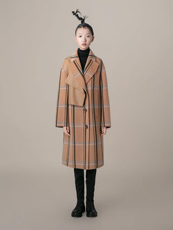 Leather Panel Plaid Wool Coat - BLANCORE
