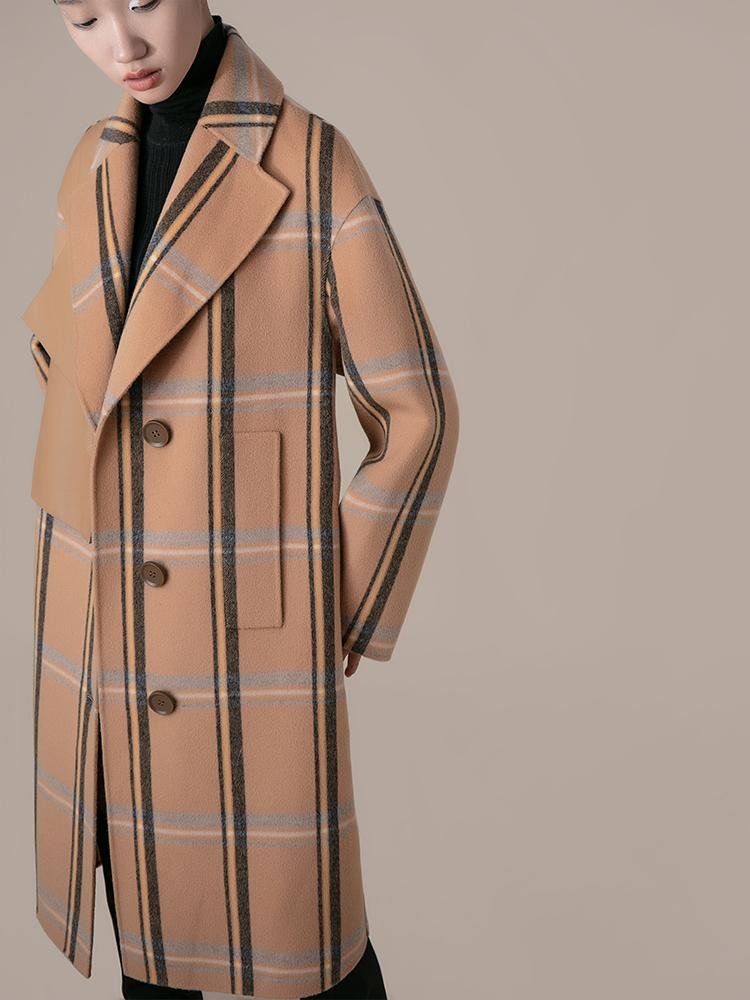 Leather Panel Plaid Wool Coat - BLANCORE