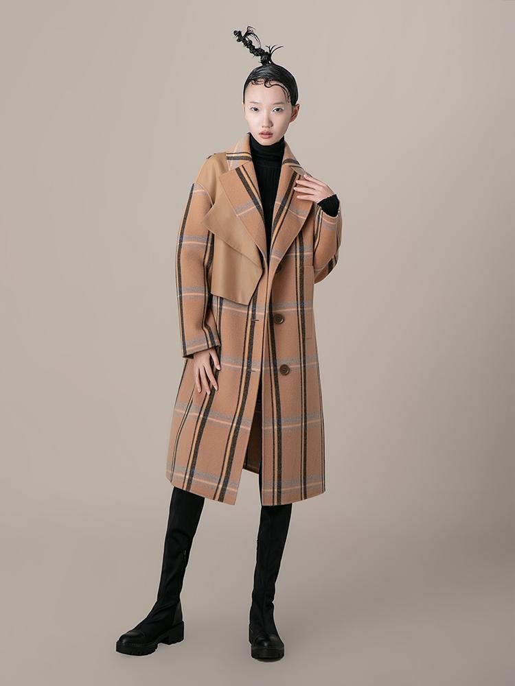 Leather Panel Plaid Wool Coat - BLANCORE