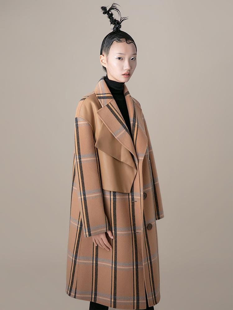 Leather Panel Plaid Wool Coat - BLANCORE