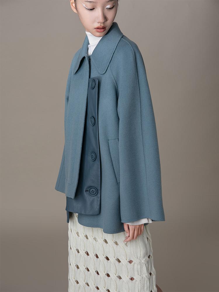 Leather Panel Wool Coat - BLANCORE