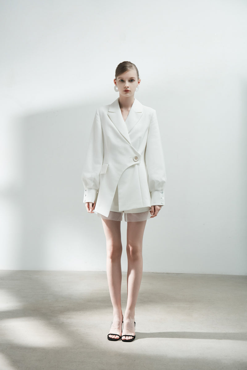 Mesh Panel Blazer with Puff Sleeve - BLANCORE