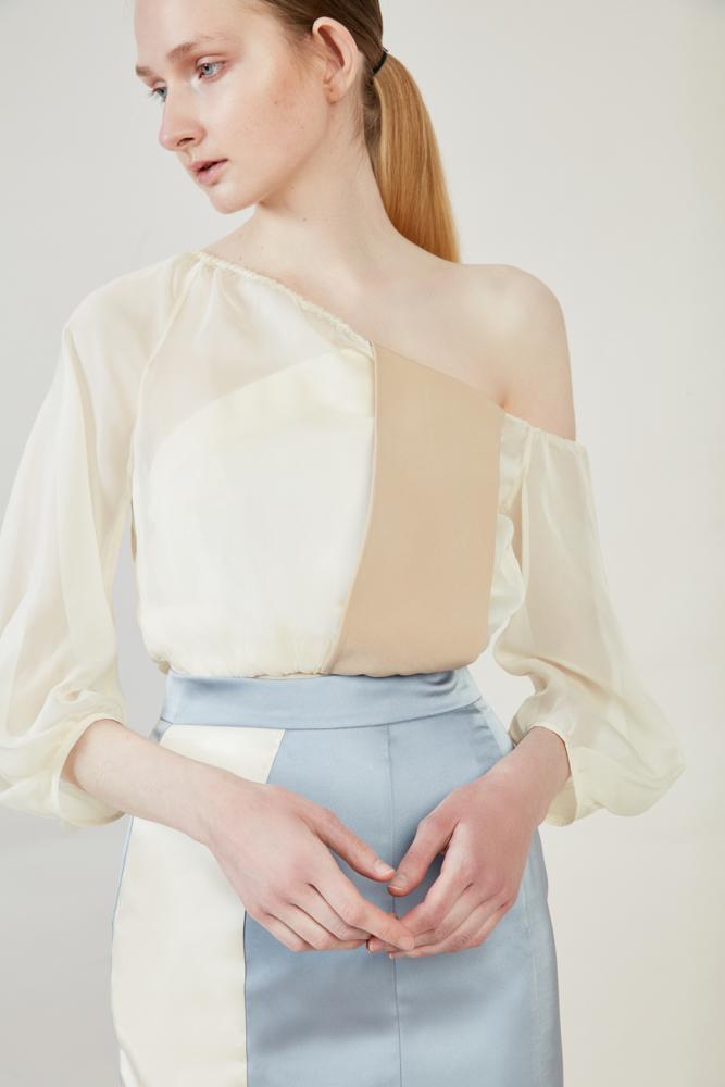 Mesh Paneled One Shoulder Top - BLANCORE