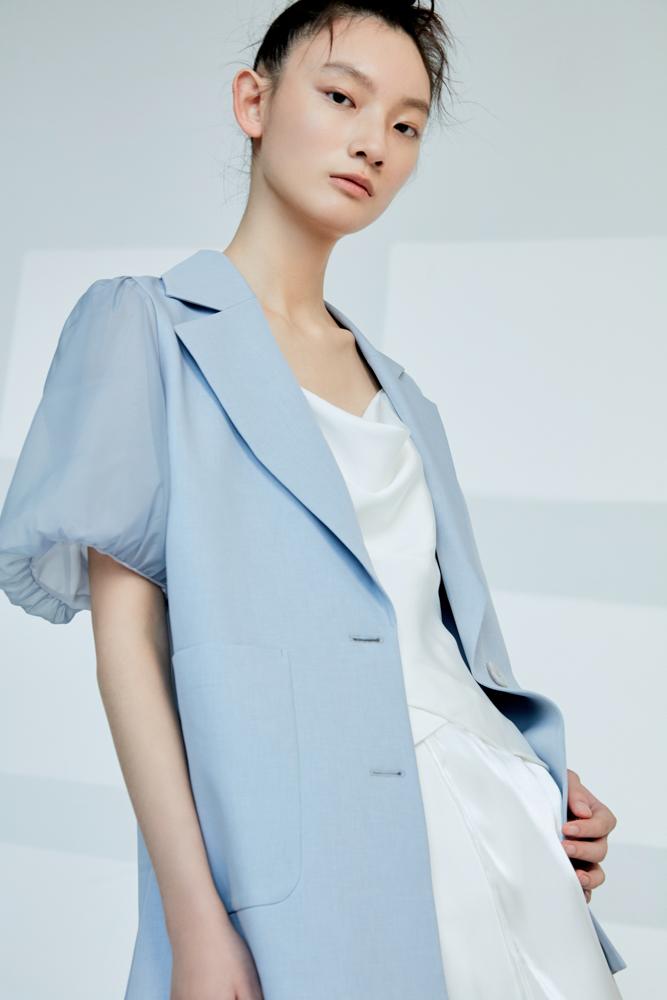 Mesh Paneled Puff Sleeve Outerwear - BLANCORE