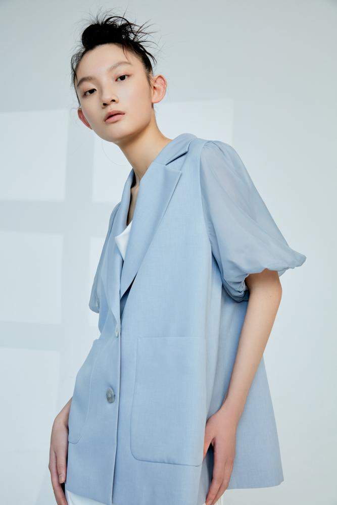 Mesh Paneled Puff Sleeve Outerwear - BLANCORE