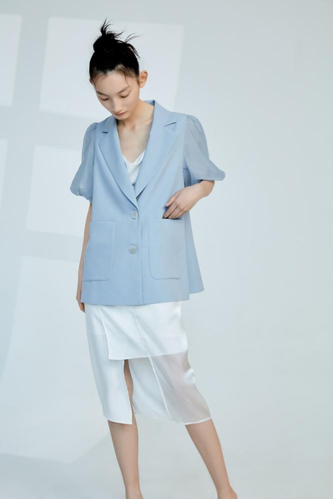 Mesh Paneled Puff Sleeve Outerwear - BLANCORE