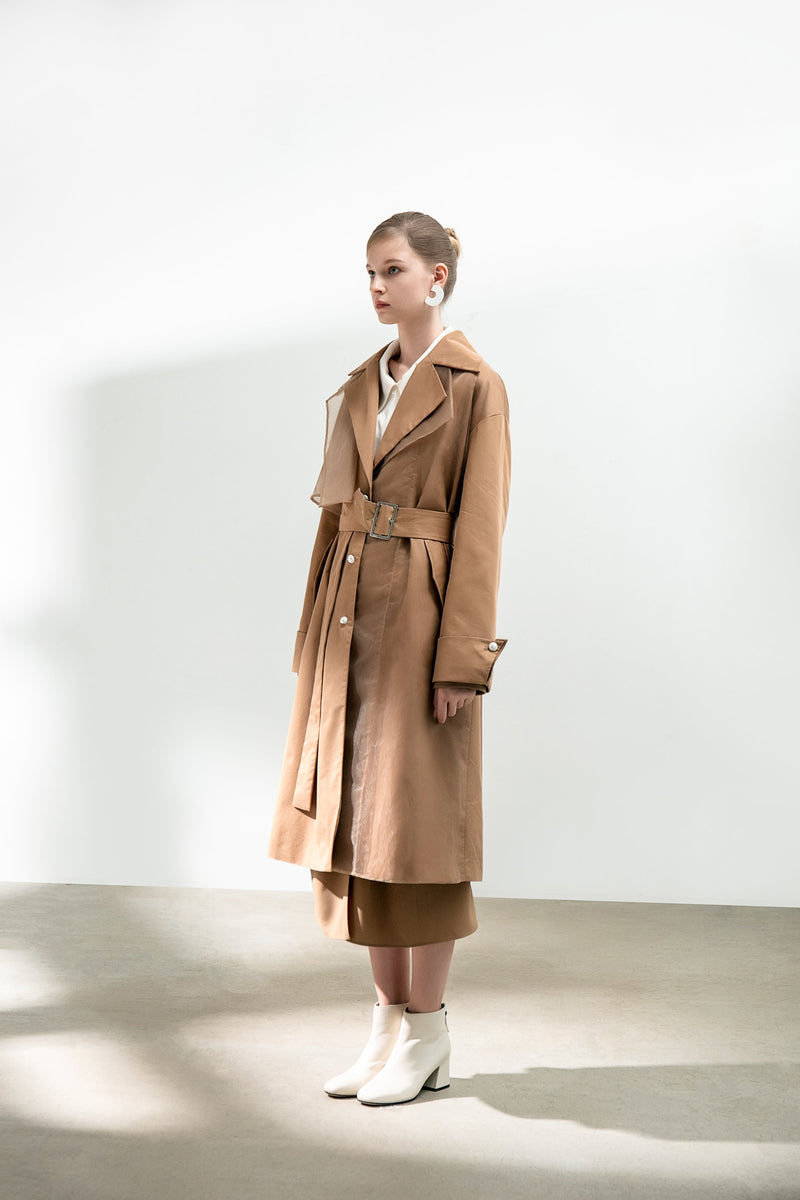 Mesh Panels Trench Coat With Belt - BLANCORE