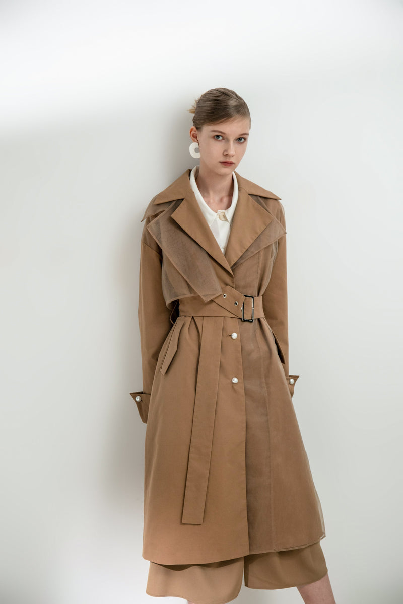 Mesh Panels Trench Coat With Belt - BLANCORE