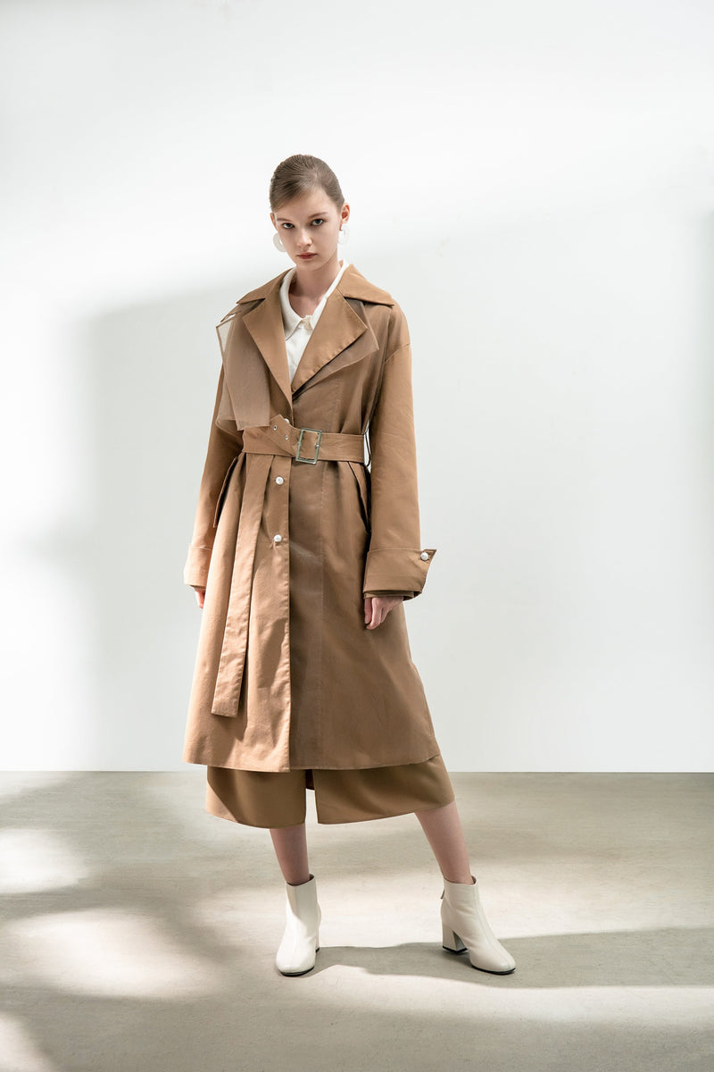 Mesh Panels Trench Coat With Belt - BLANCORE