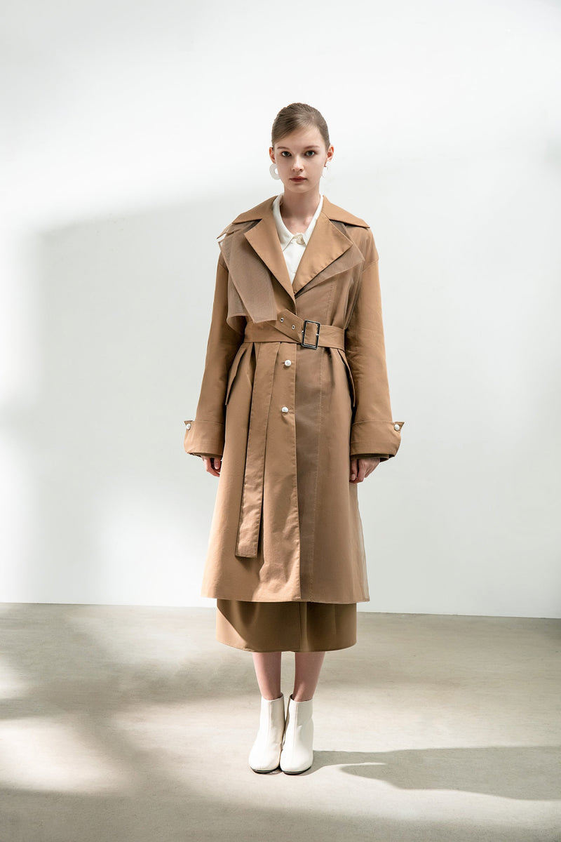 Mesh Panels Trench Coat With Belt - BLANCORE