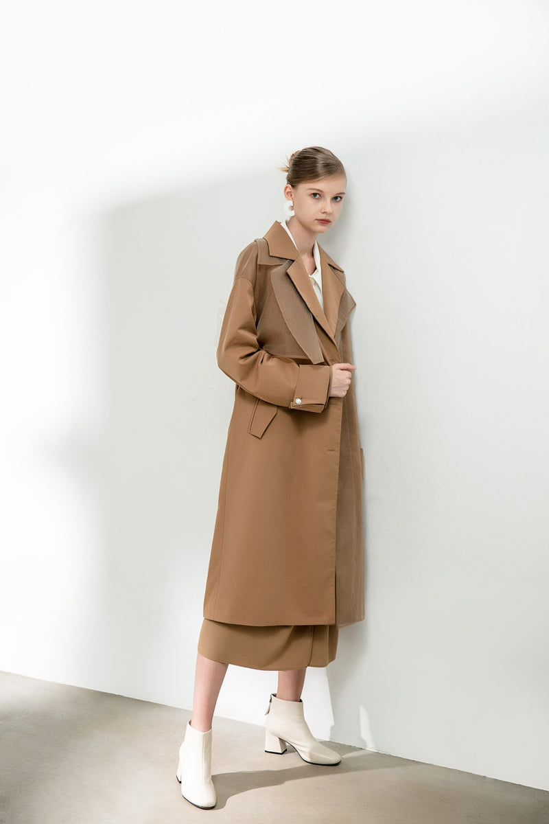 Mesh Panels Trench Coat With Belt - BLANCORE