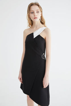 One Shoulder Dress with Color Block Fold Detail - BLANCORE