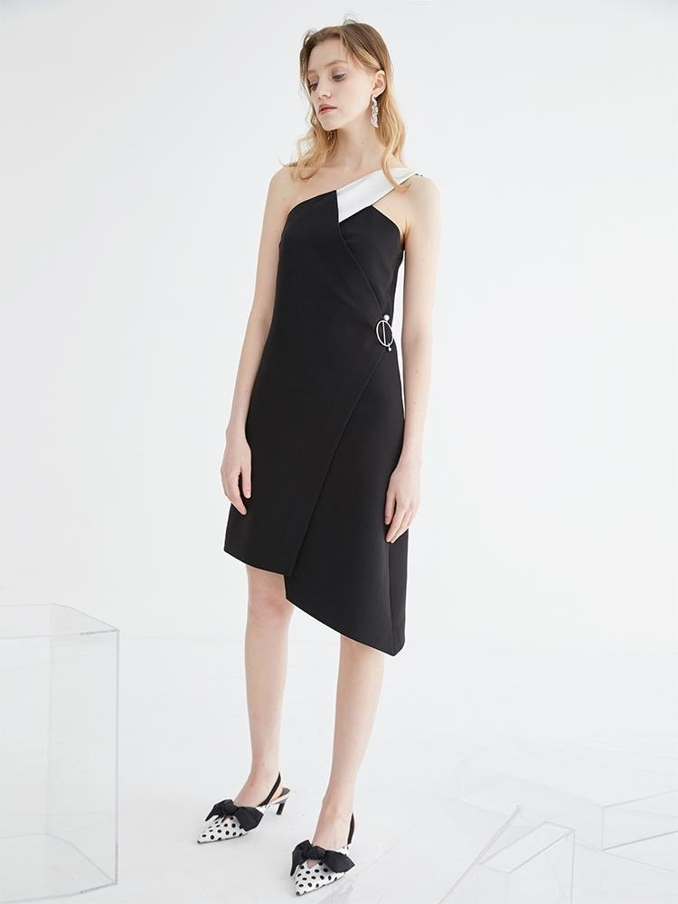One Shoulder Dress with Color Block Fold Detail - BLANCORE