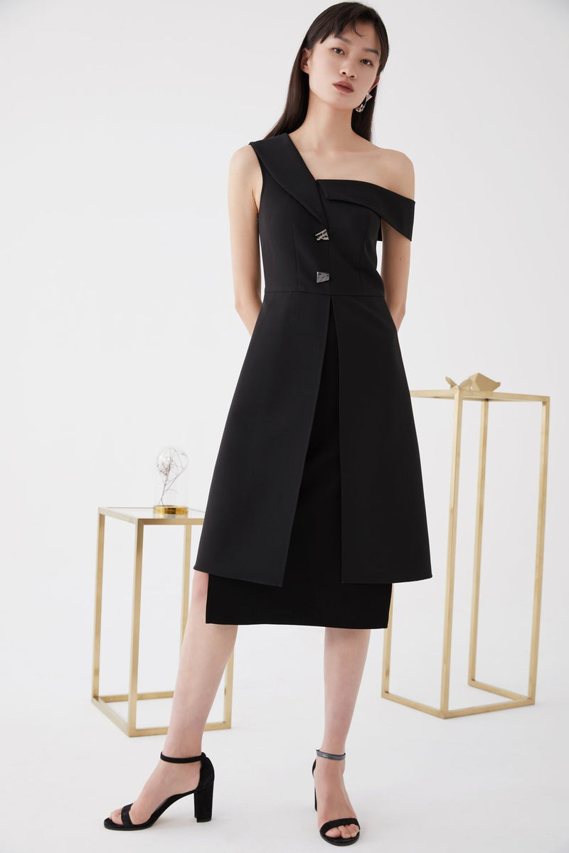 One- Shoulder Dress with Lapel - BLANCORE