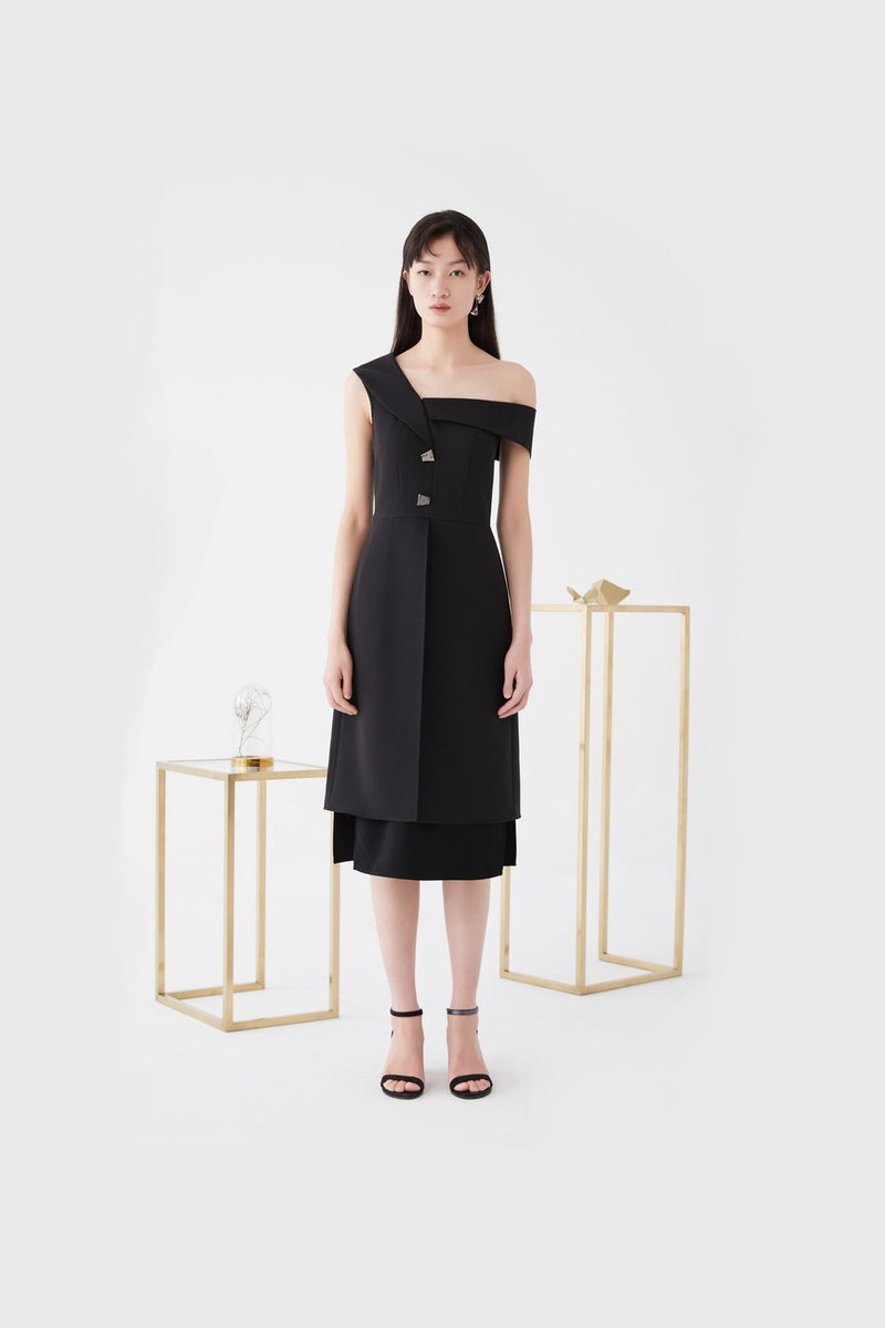 One- Shoulder Dress with Lapel - BLANCORE