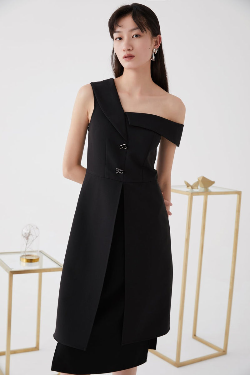 One- Shoulder Dress with Lapel - BLANCORE