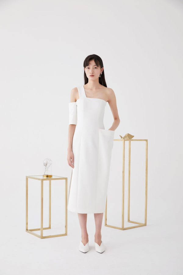 One- Shoulder Dress with Large Pocket - BLANCORE