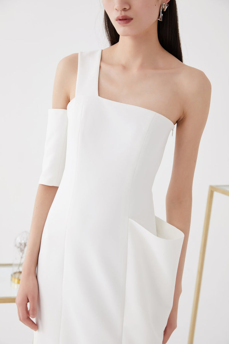 One- Shoulder Dress with Large Pocket - BLANCORE