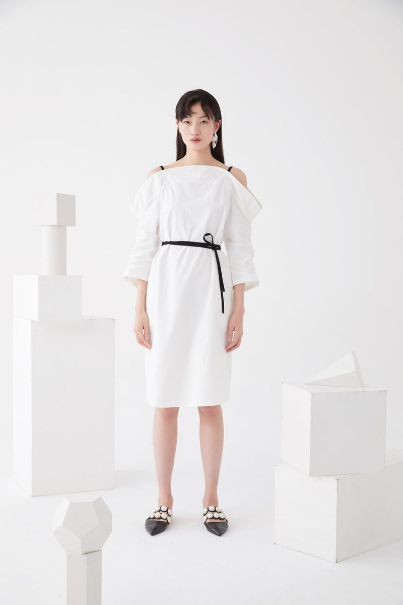 Open Shoulder Dress with Draped sleeves - BLANCORE