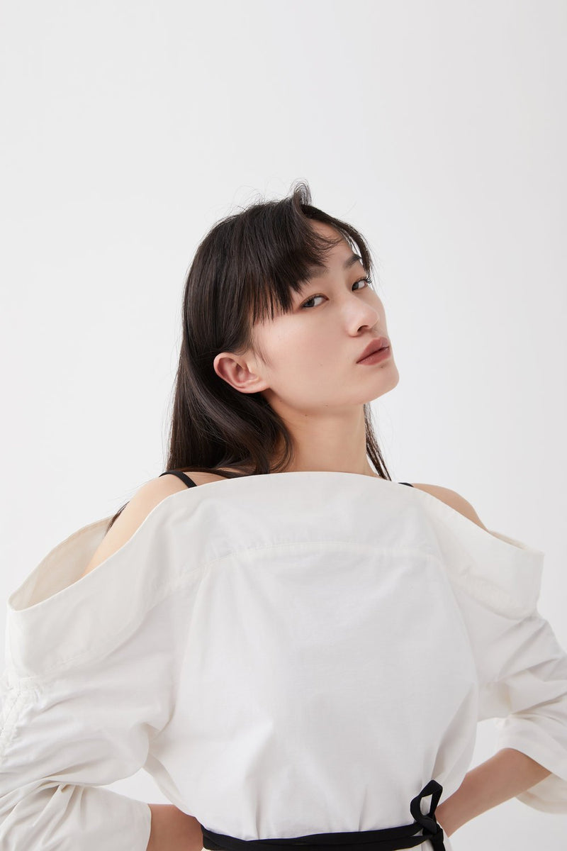 Open Shoulder Dress with Draped sleeves - BLANCORE