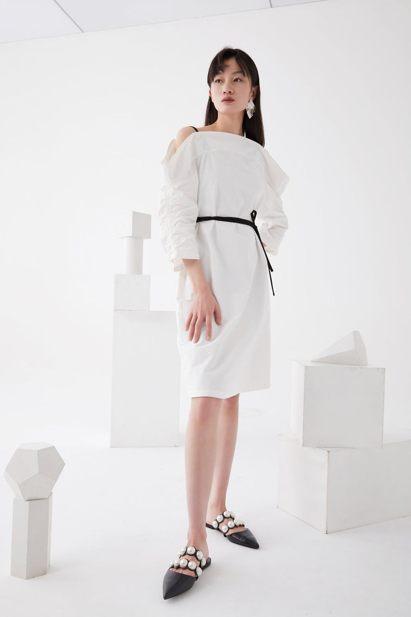 Open Shoulder Dress with Draped sleeves - BLANCORE