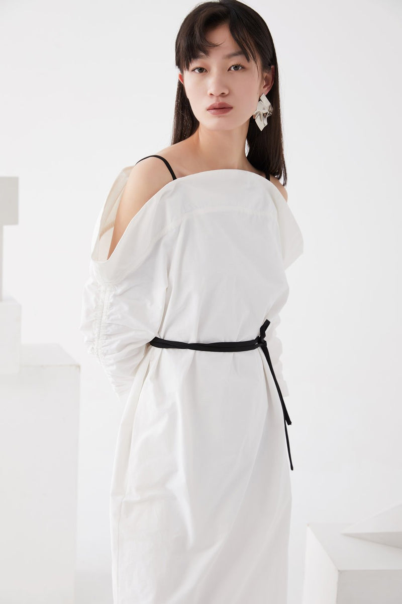 Open Shoulder Dress with Draped sleeves - BLANCORE