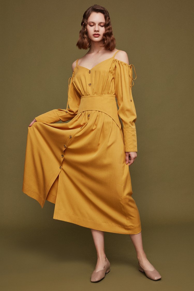 Open-Shoulder Dress with Drawstring Detail - BLANCORE