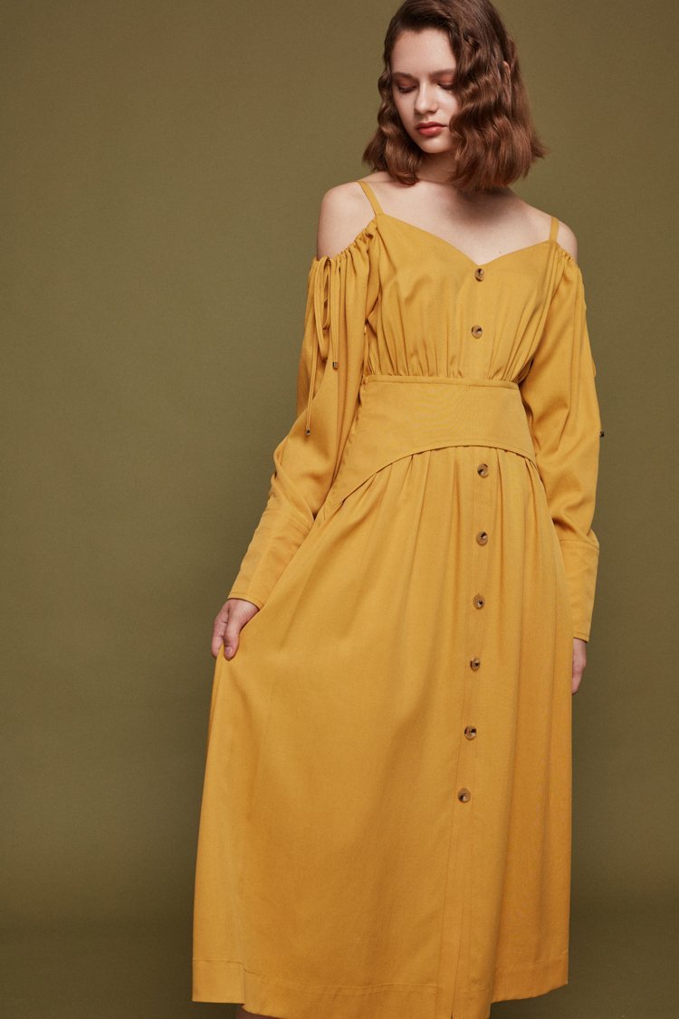 Open-Shoulder Dress with Drawstring Detail - BLANCORE