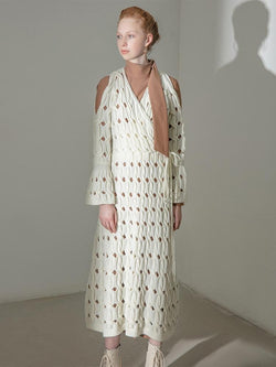 Open Shoulder V-neck Knit Dress - BLANCORE