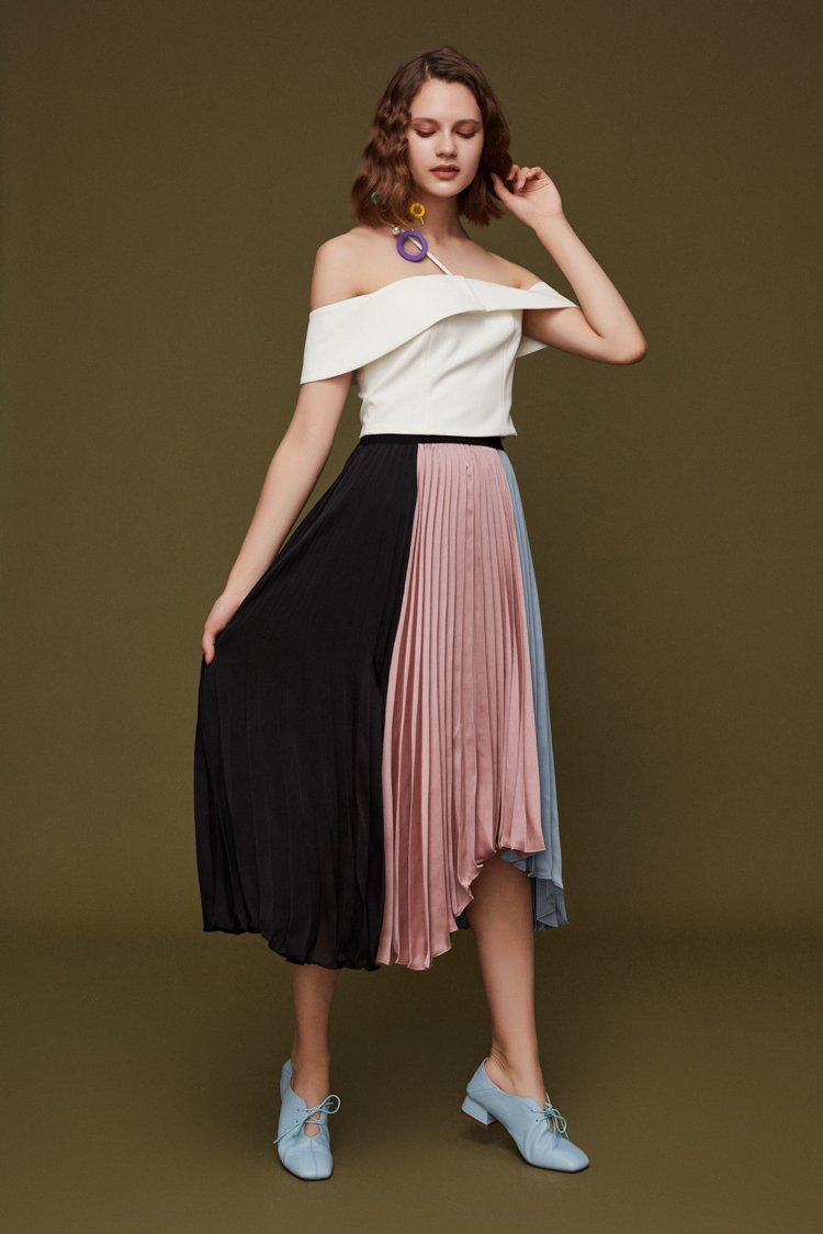 Pleated Color Block Skirt - BLANCORE
