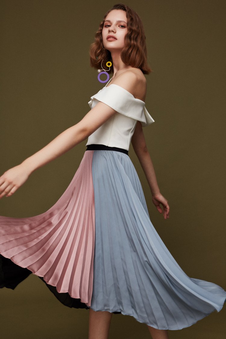 Pleated Color Block Skirt - BLANCORE