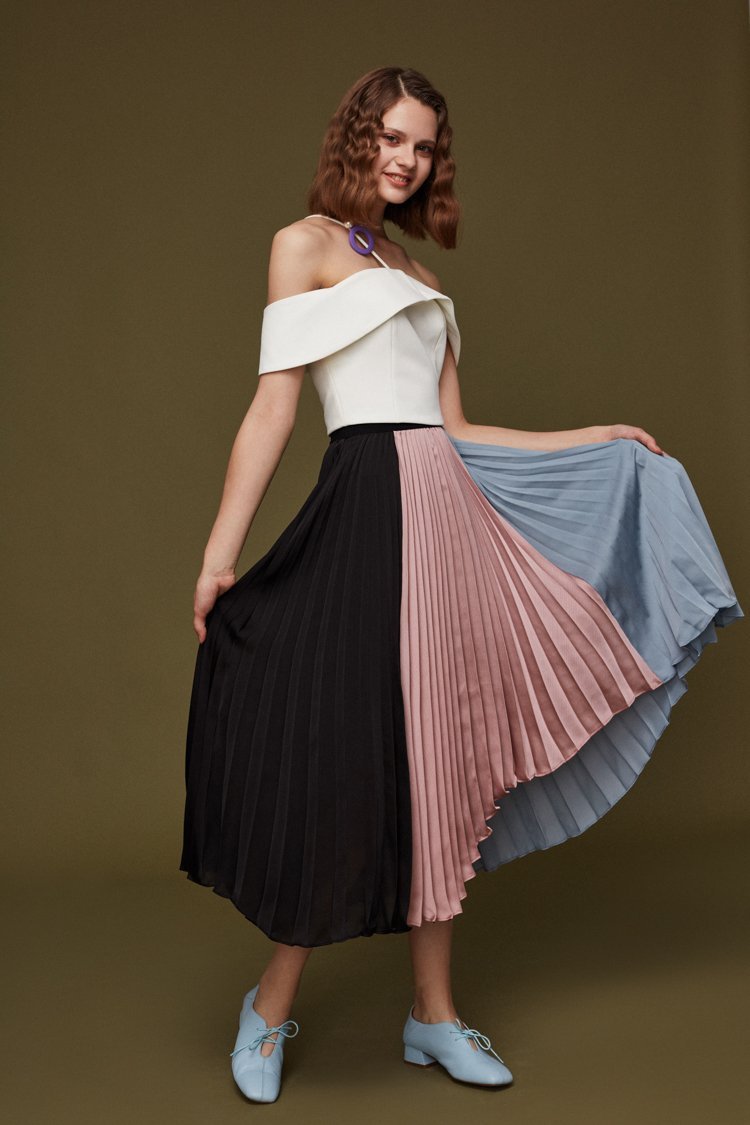 Pleated Color Block Skirt - BLANCORE