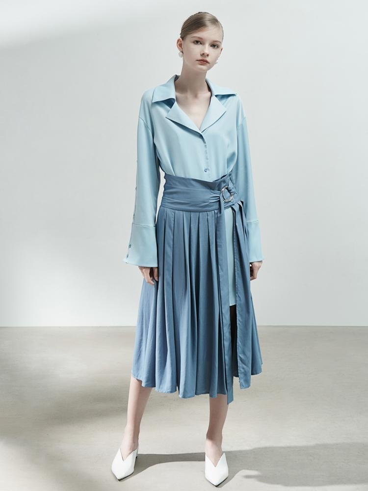 Pleated Skirt Detail Shirt Dress - BLANCORE