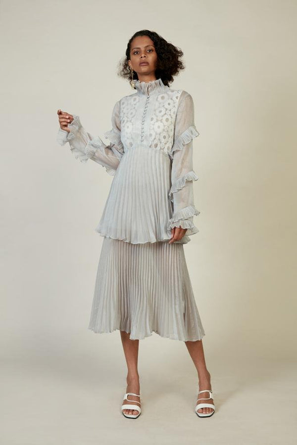 Pleated Stand Collar Dress - BLANCORE
