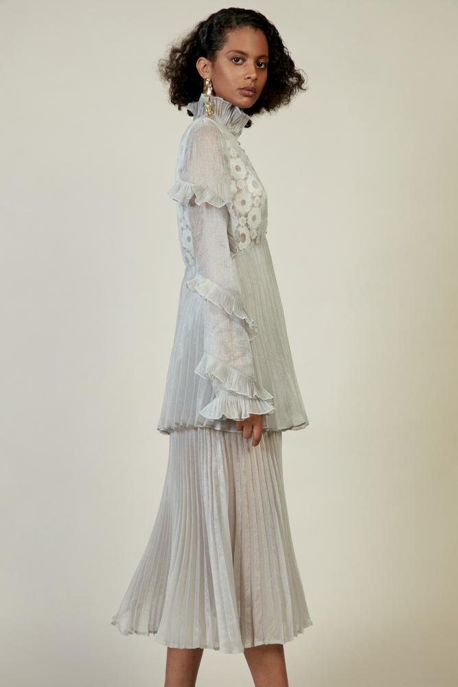 Pleated Stand Collar Dress - BLANCORE
