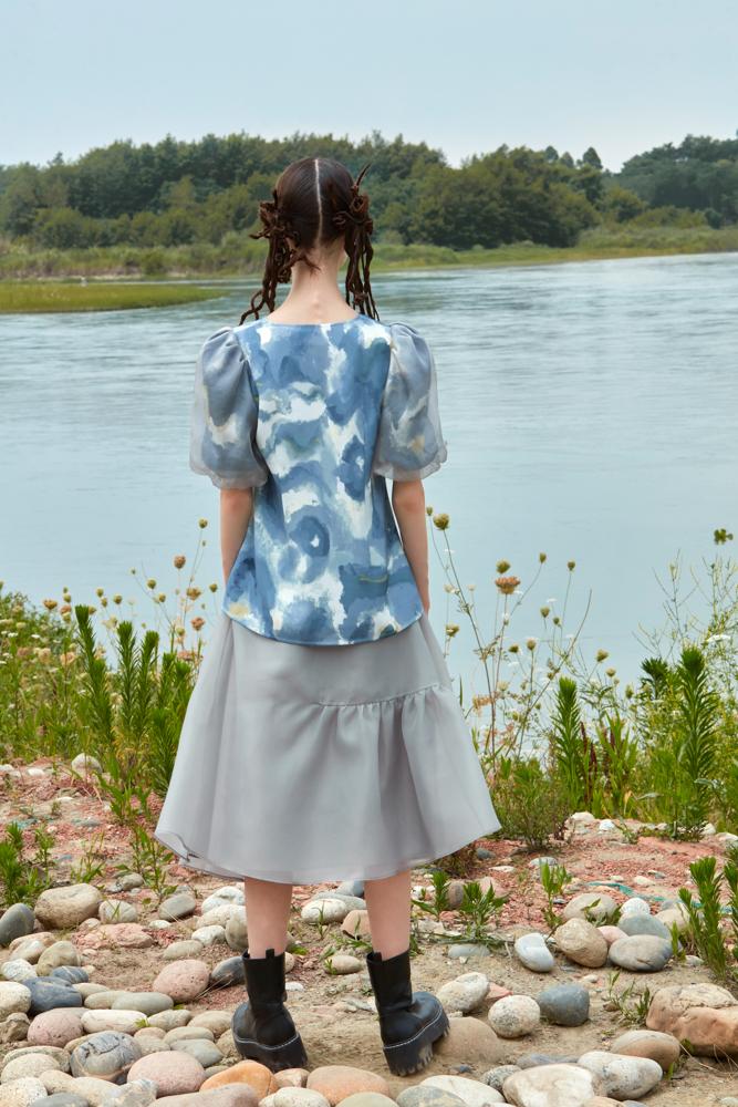 PRINTED TOP WITH PUFF SLEEVE - BLANCORE