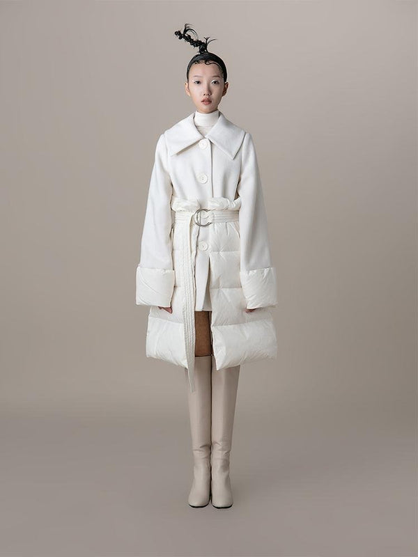 Puffer Panel Wool Coat With Belt - BLANCORE